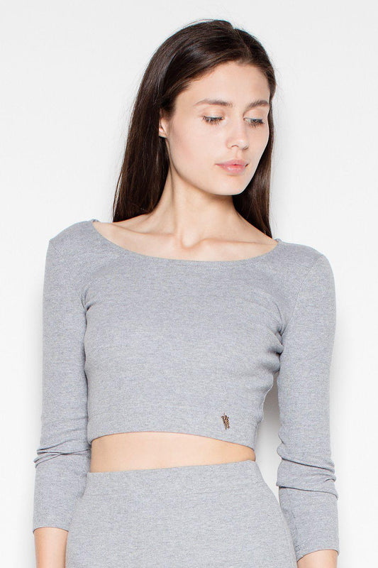 Grey long-sleeve crop top with small chest logo