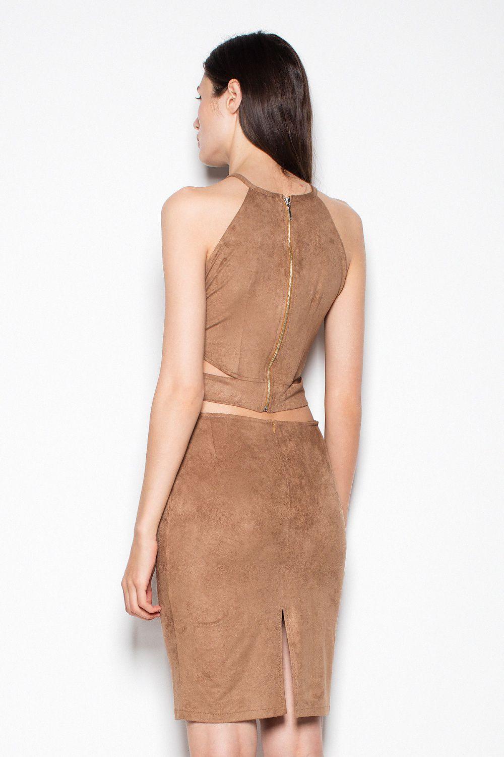 Two-piece dress set with halter crop top and fitted midi skirt, brown