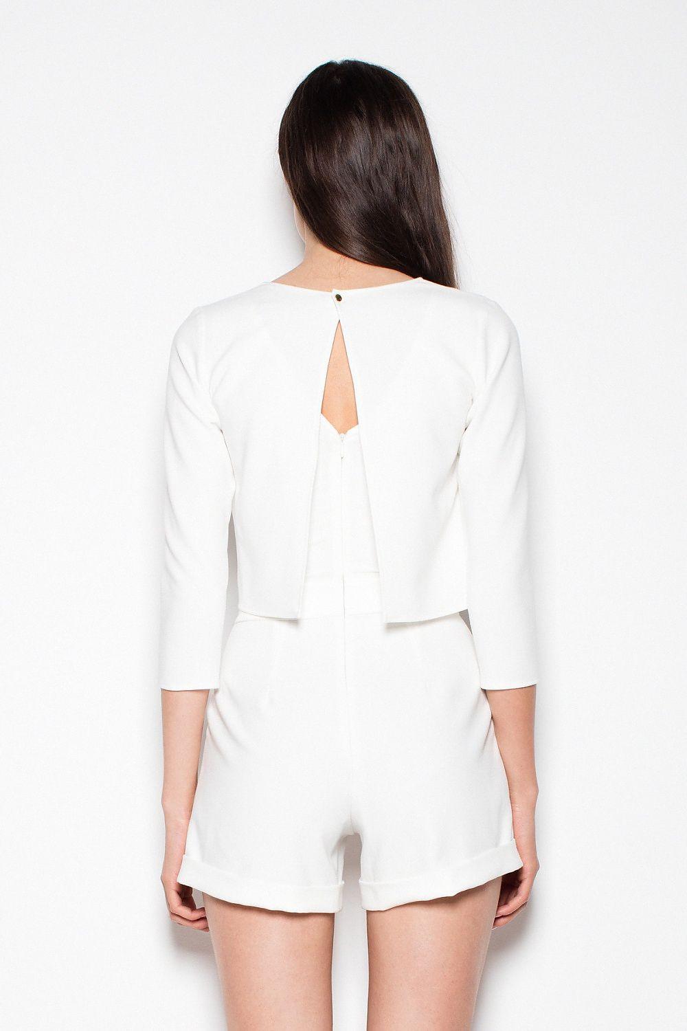 Two-piece suit back view: cropped long-sleeve top with keyhole and matching shorts