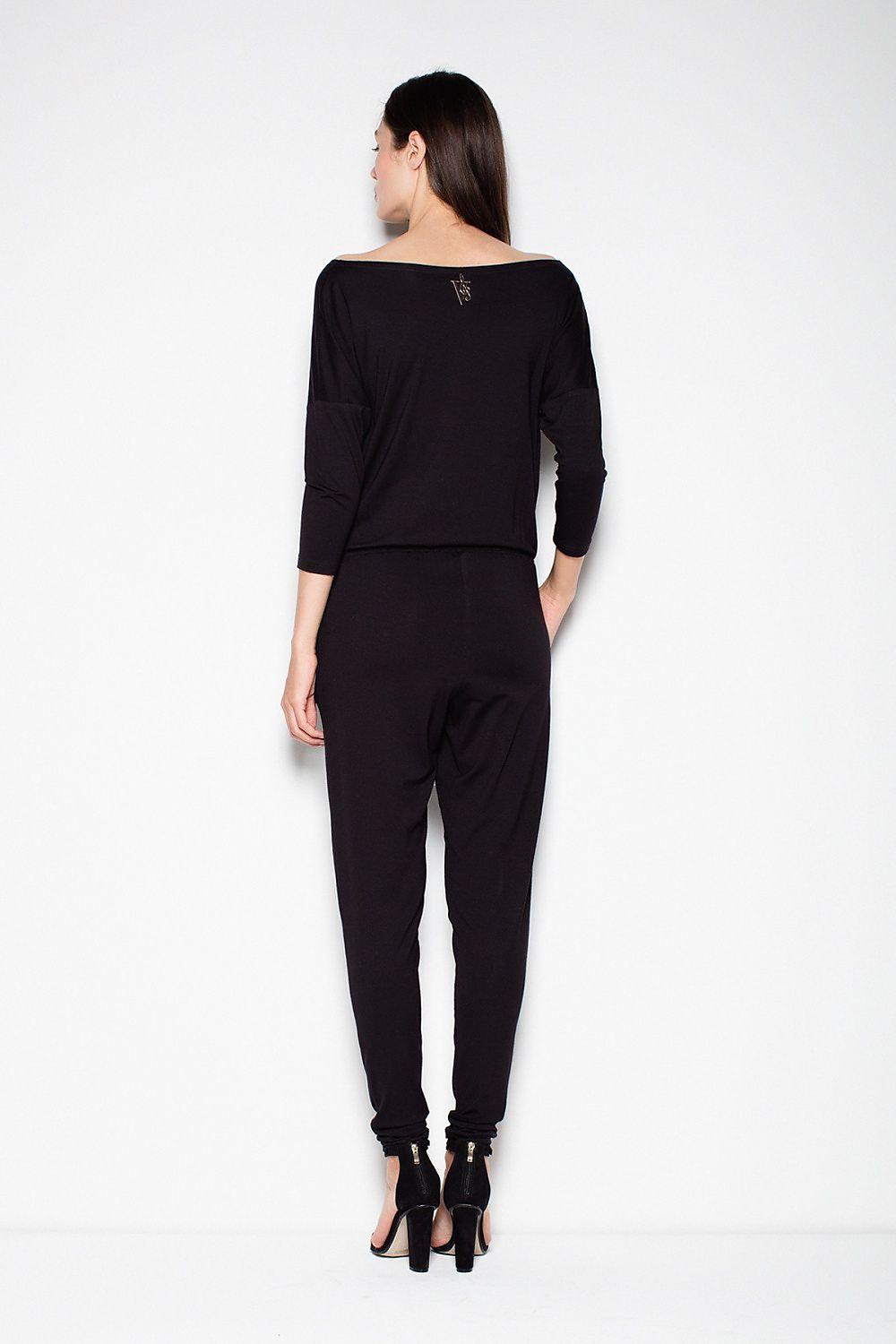 Women's black jumpsuit with three-quarter sleeves and tapered ankle pants, back view