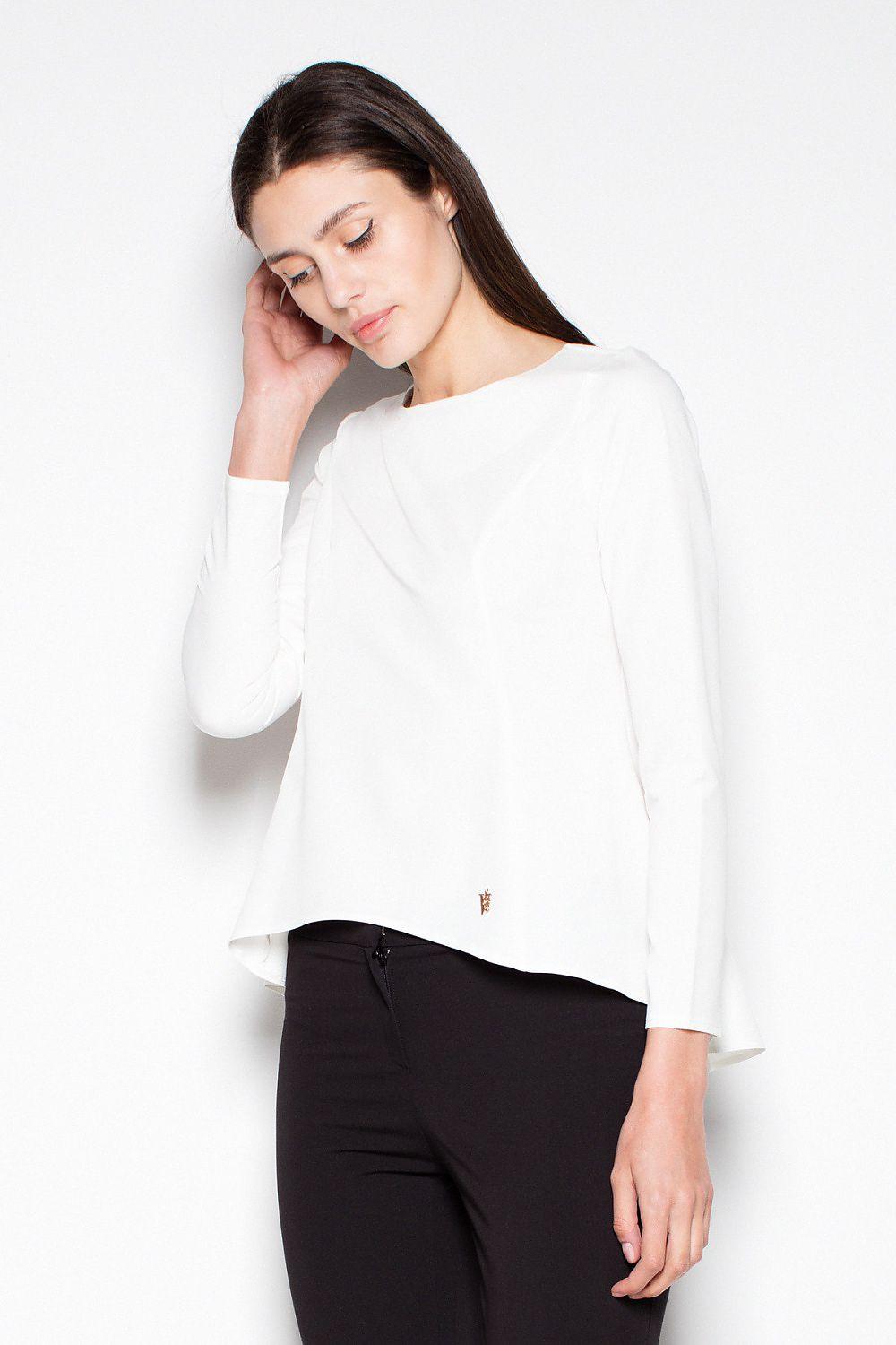 White long-sleeve asymmetrical blouse with draped neckline and curved hem