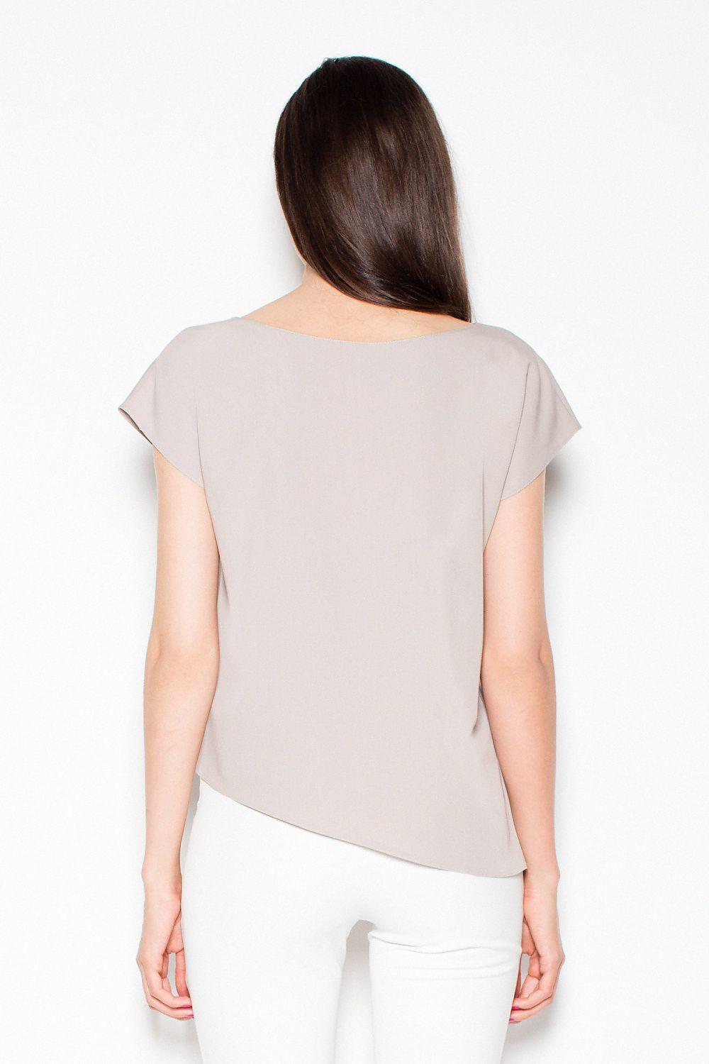 Beige short-sleeve blouse with round back neckline and asymmetric draped hem