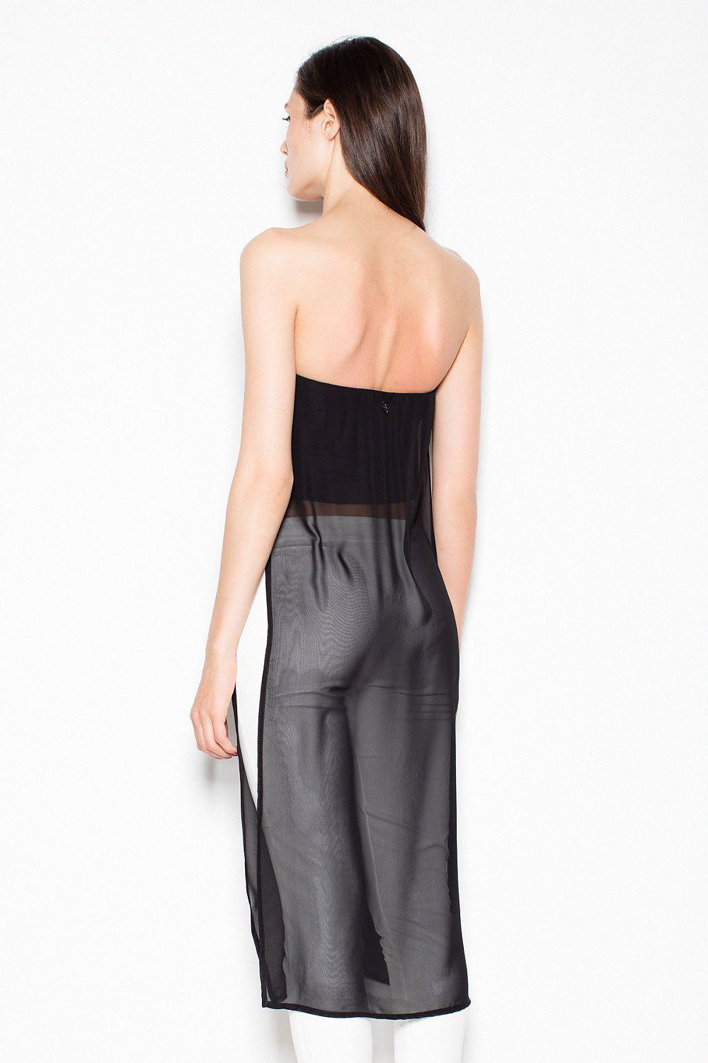 Strapless long black top with sheer overlay, back view, darker underlayer