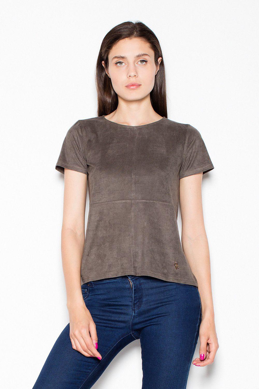 Suede short-sleeve blouse with crew neck, dark gray-brown