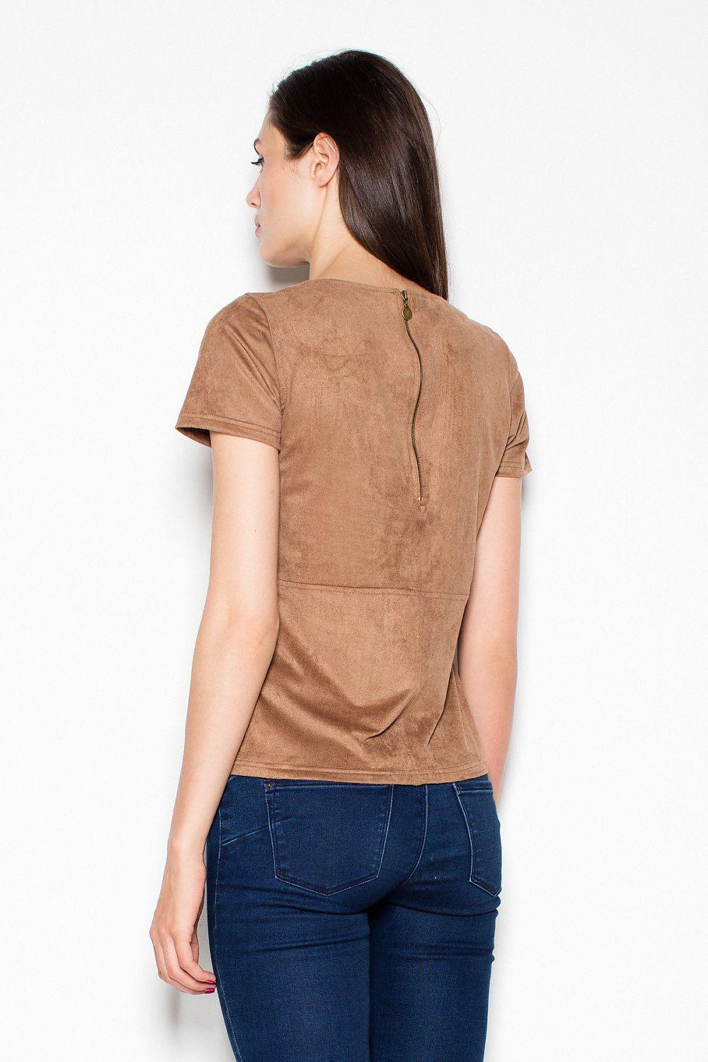 Venaton short-sleeve crewneck blouse, tan brown back view with center seam