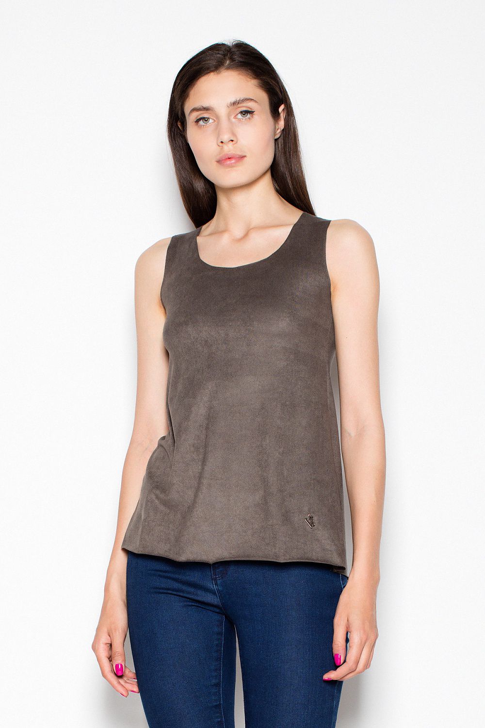 Dark suede sleeveless loose-fit blouse, round neckline.