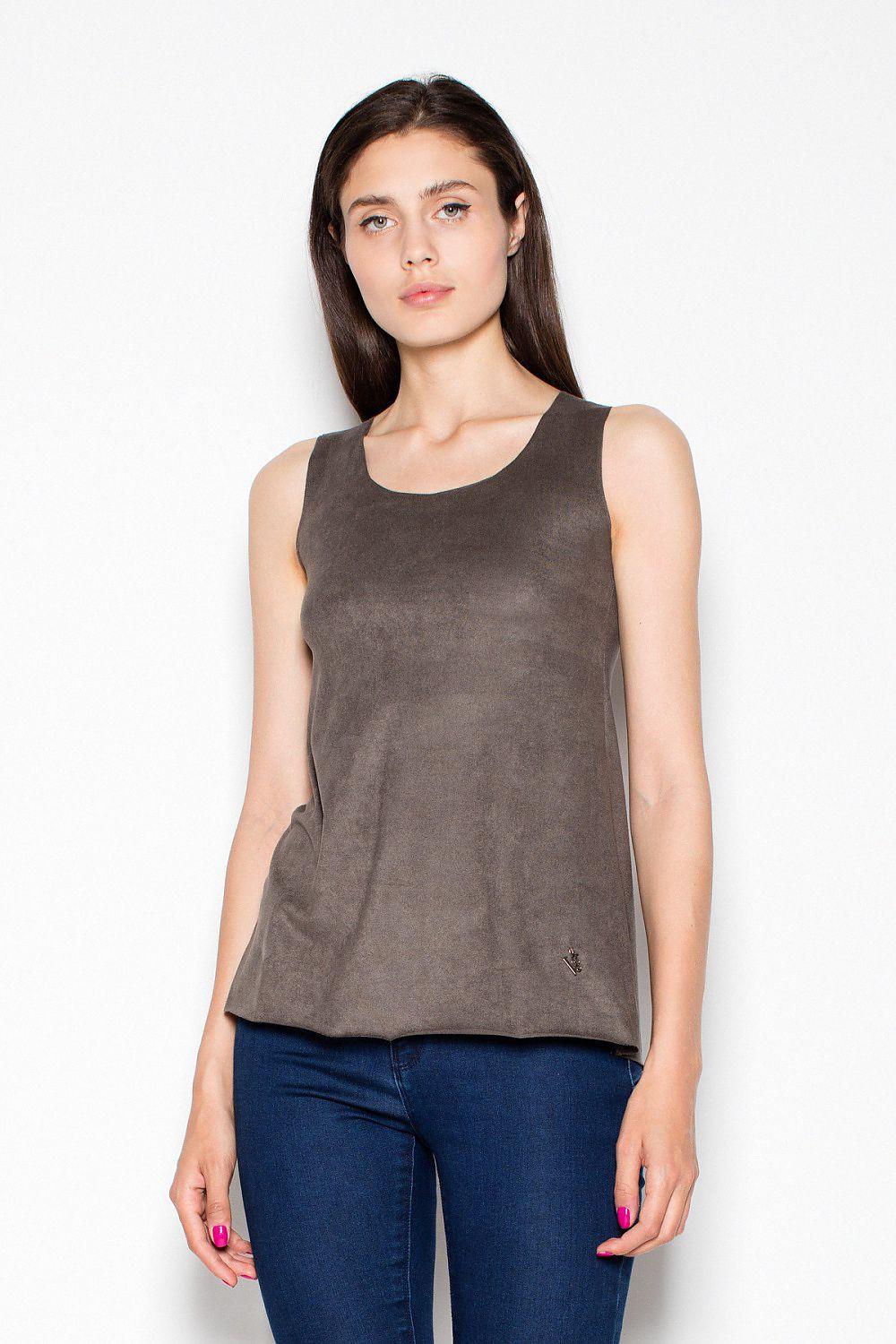 Dark suede sleeveless loose-fit blouse with crew neckline