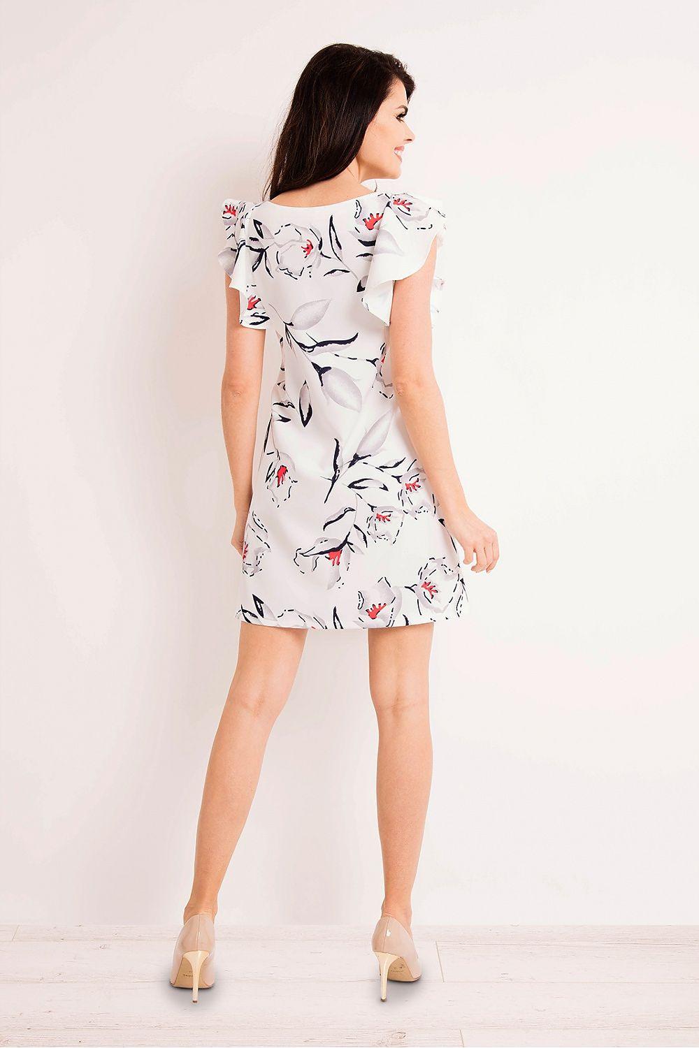 Beige printed daydress with short sleeves and round neck, back view with flared hem