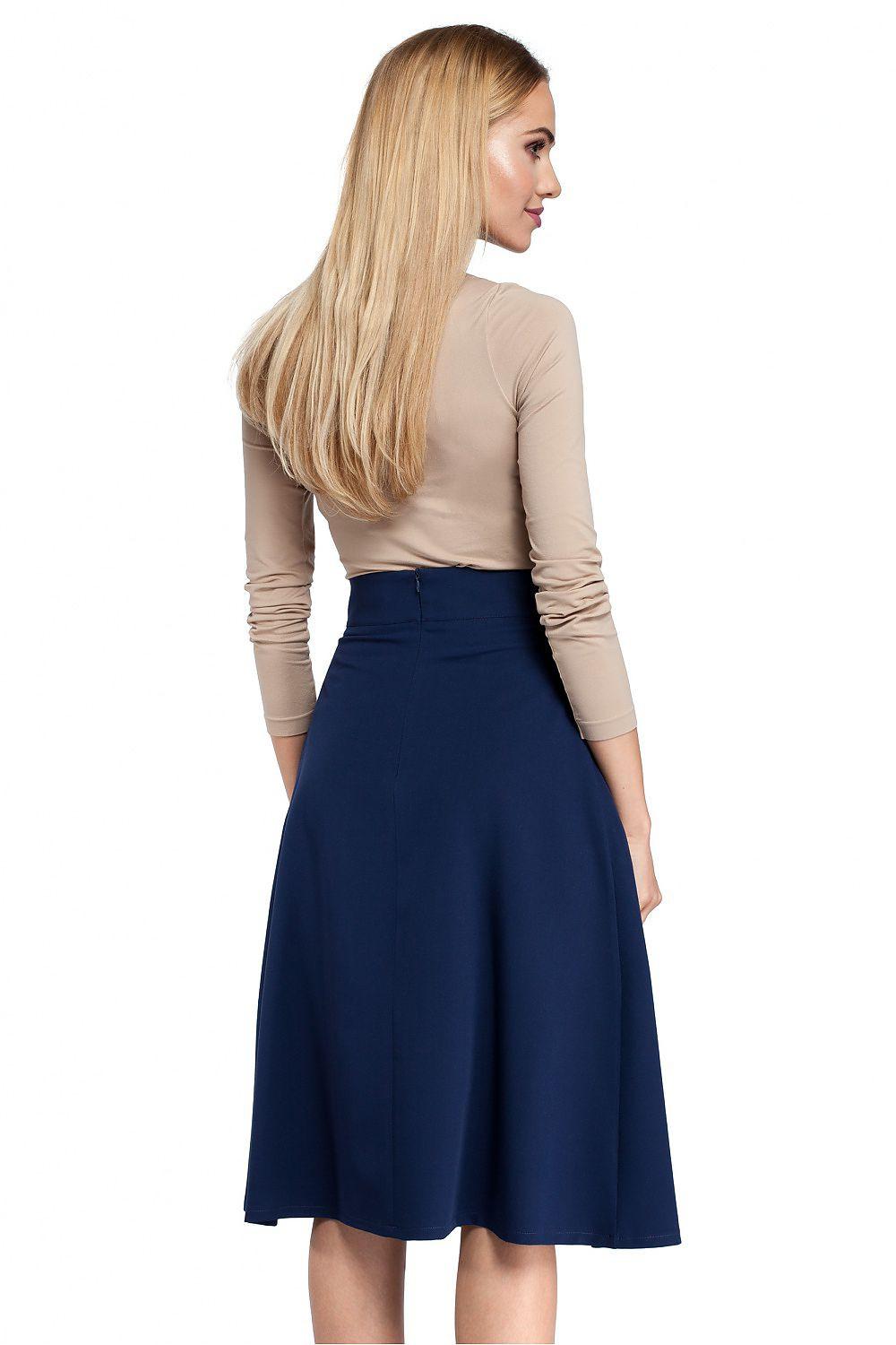 Navy A-line midi skirt with pleats and fitted waistband, side view