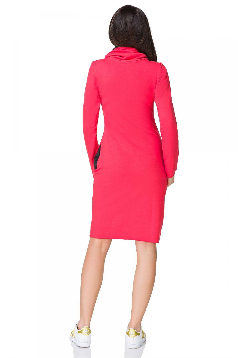 Pink hooded daydress with long sleeves, back view