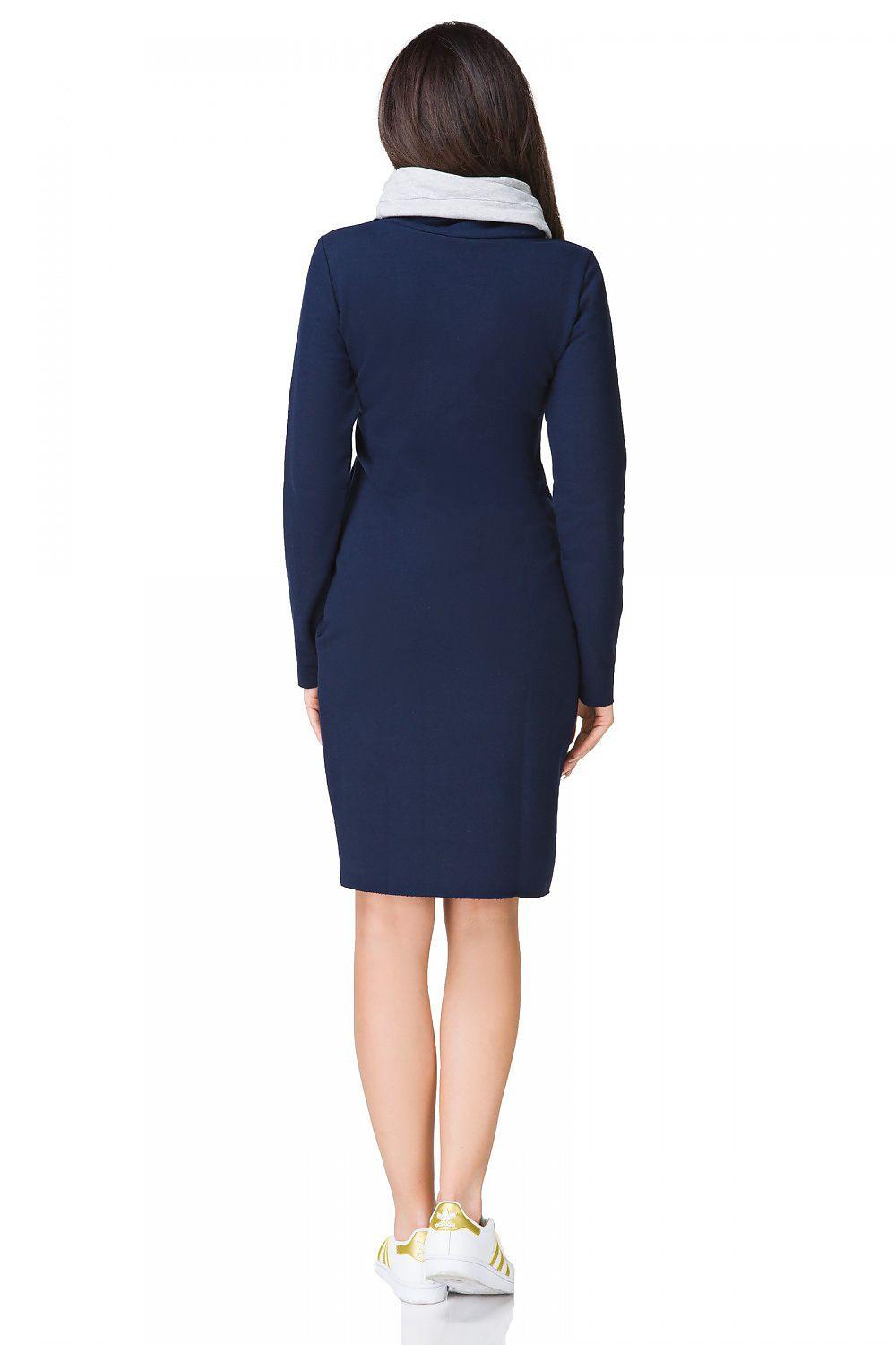 Back view of navy blue long-sleeve day dress with gray cowl neck