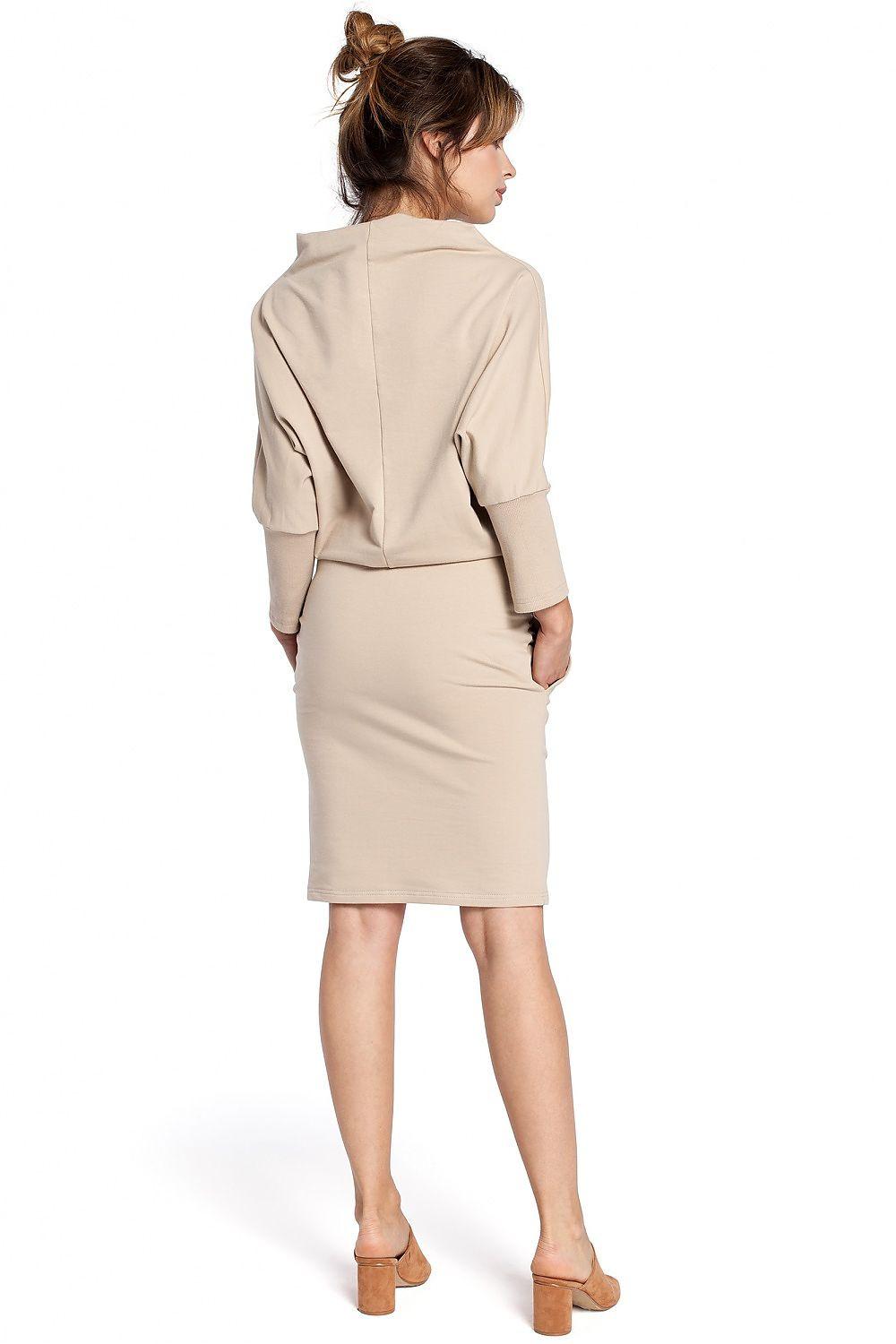 BeWear daydress in beige, back view with draped cowl neck and 3/4 sleeves