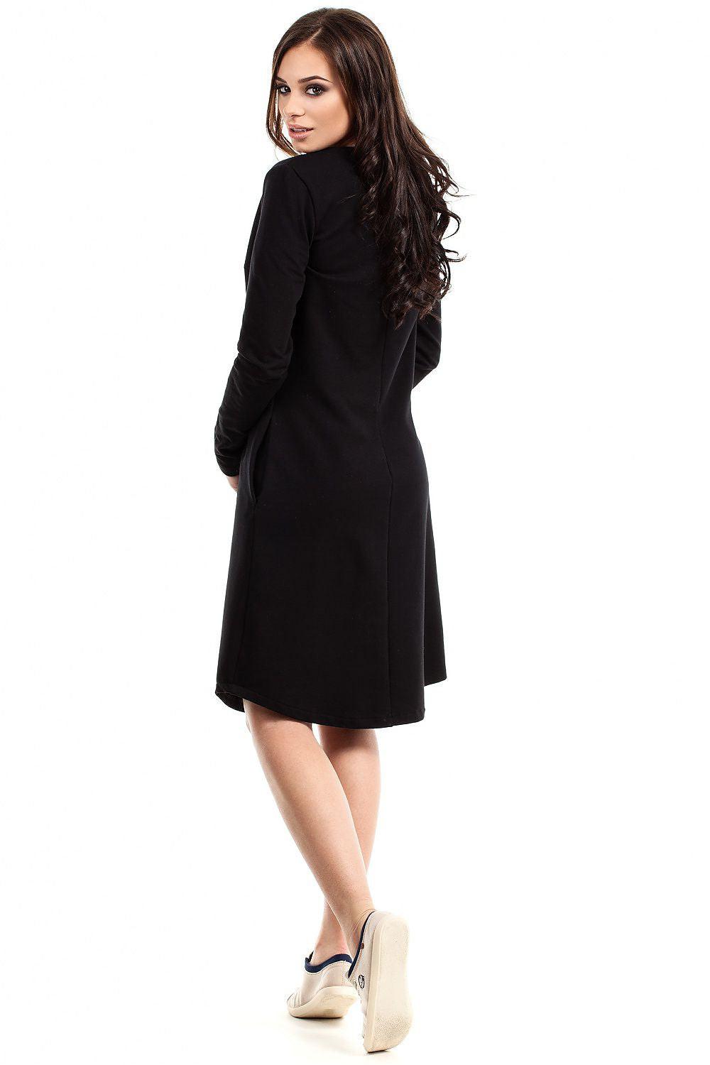 Black daydress side view, V-neck with long sleeves and midi hem