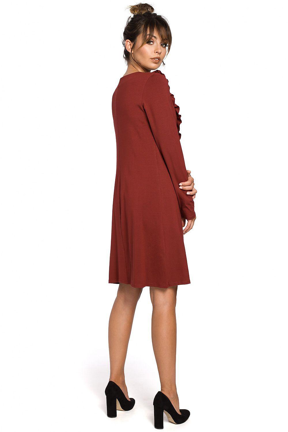 BeWear daydress long sleeve, ruffle neckline, solid red, side view