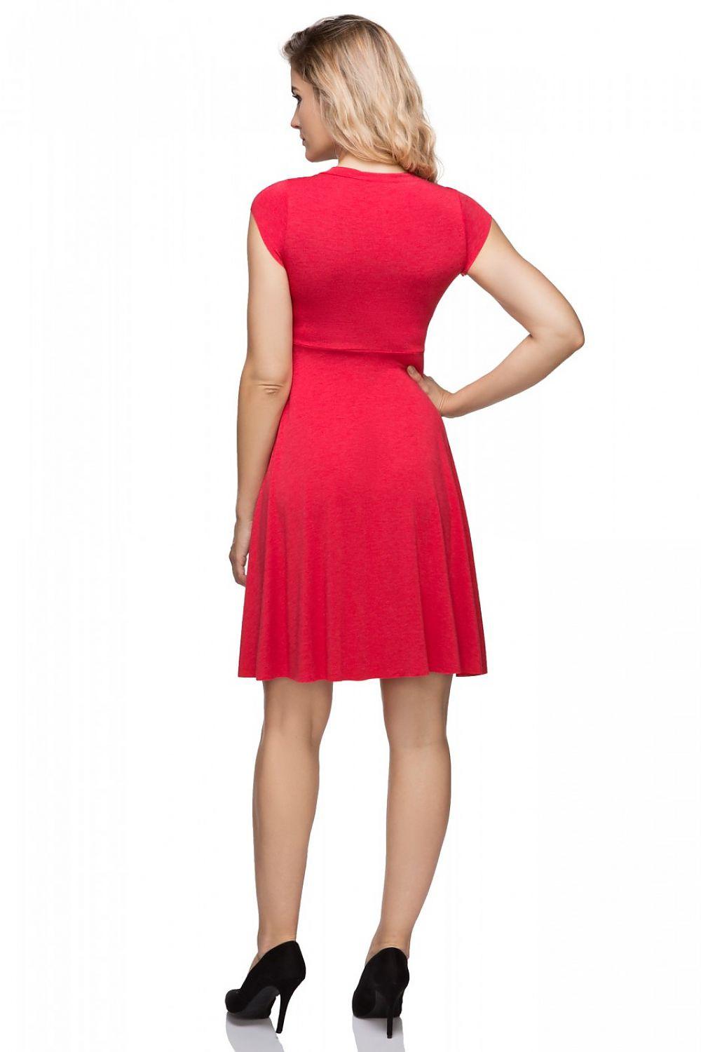 Red back V-neck short-sleeve dress with pleated skirt