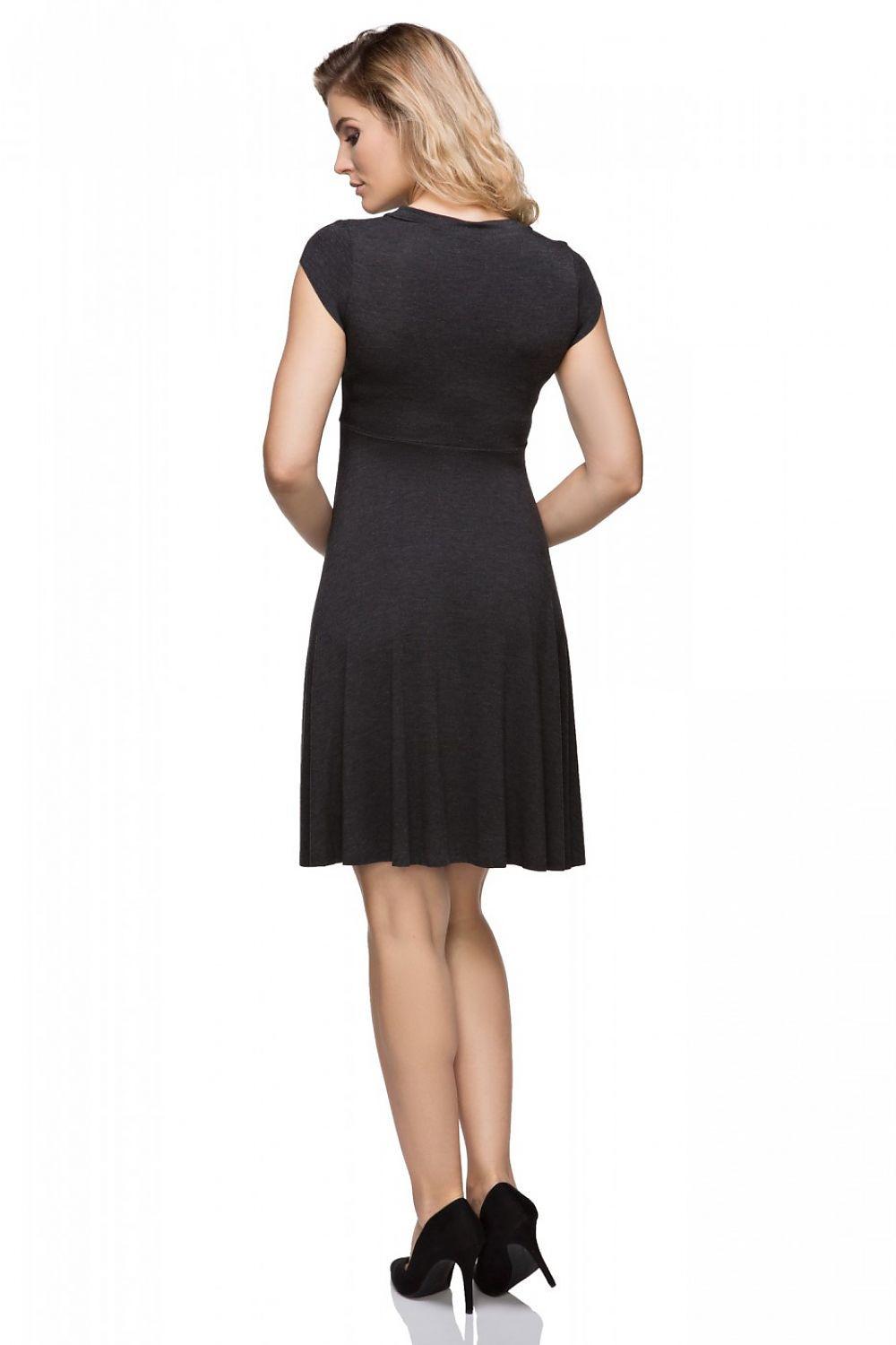 Evening dress back view with short sleeves, dark flared skirt