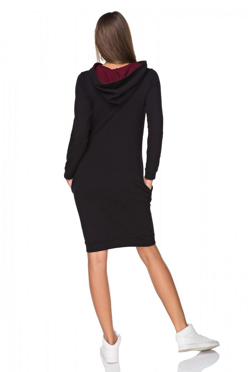 Black hooded daydress back view with long sleeves and fitted knee-length cut