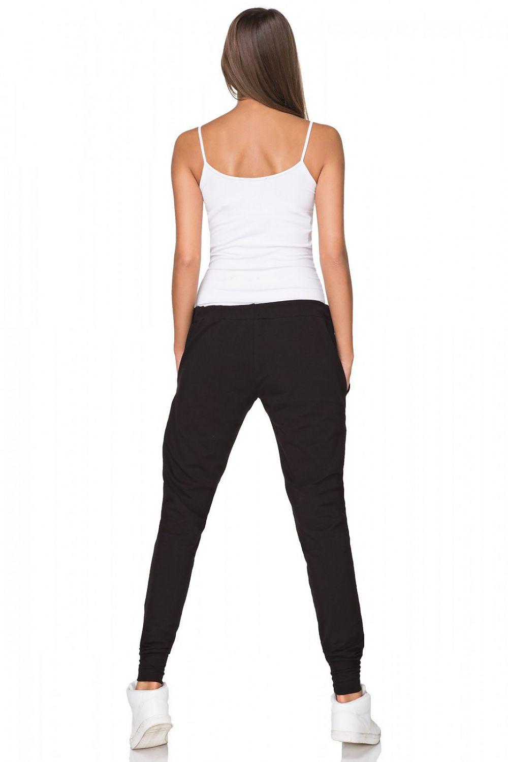 Black jogger trousers, back view, drawstring waist and tapered ankle cuffs