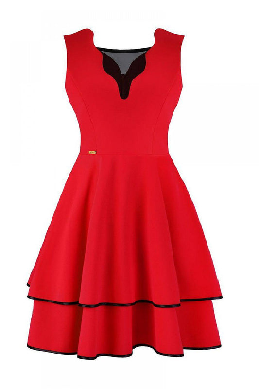 Red sleeveless cocktail dress with V neckline and tiered skirt, black trim