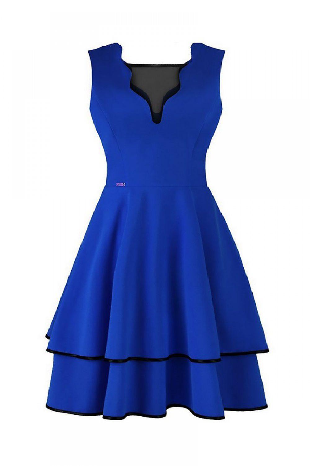 Blue cocktail dress with V-scoop neckline and tiered flared skirt