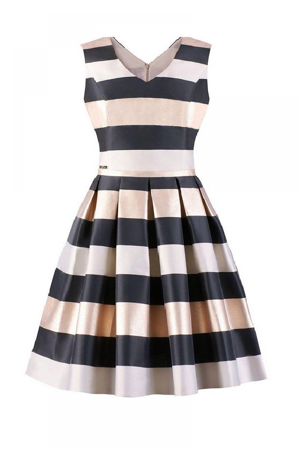 Striped sleeveless cocktail dress with V-neck, black and cream bands, flared skirt
