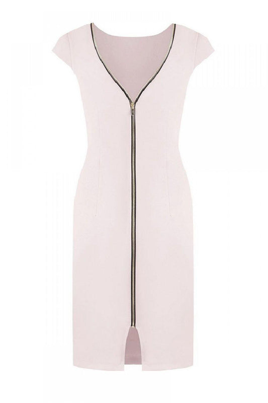 Cocktail dress in light pink with front center zip and long pull tab, knee-length.