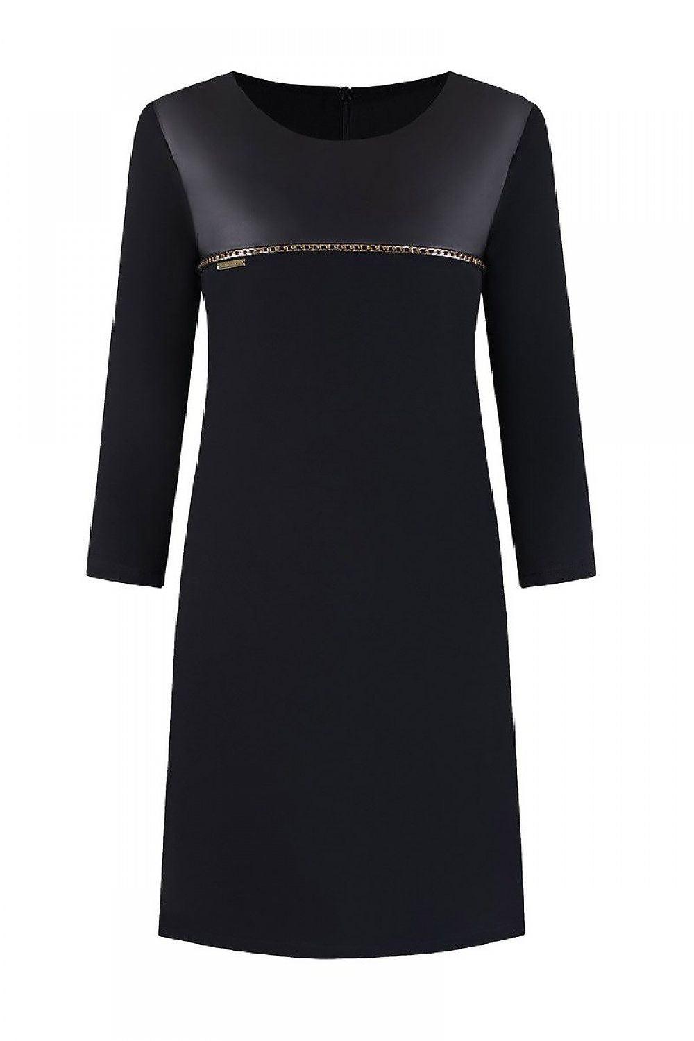 Black cocktail dress with 3/4 sleeves, scoop neckline, gold waist trim band