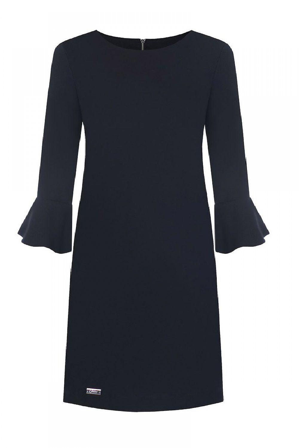 Black cocktail dress with round neckline and flared long sleeves