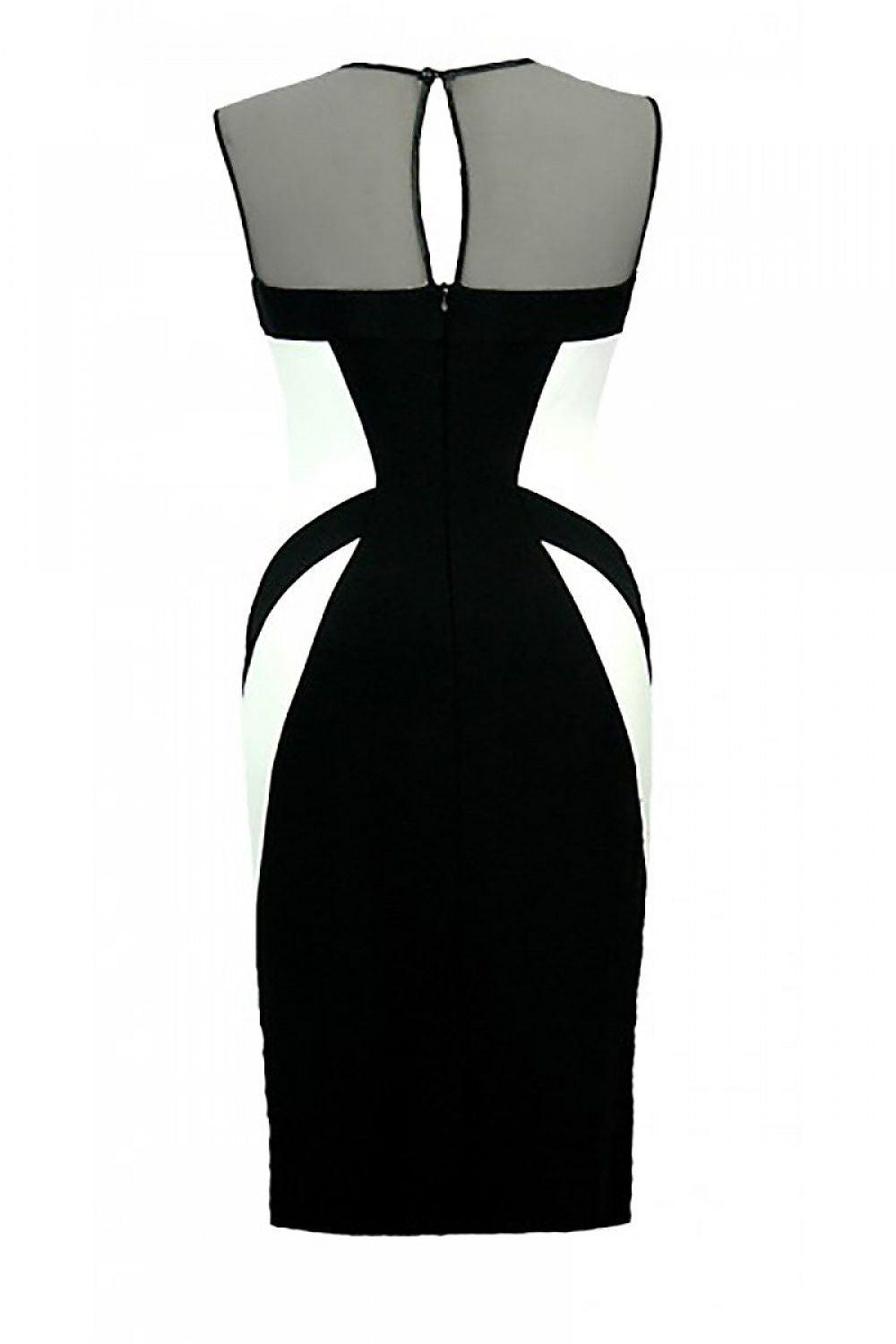 Black sleeveless cocktail dress, open back with V shape and corset cutout side panels