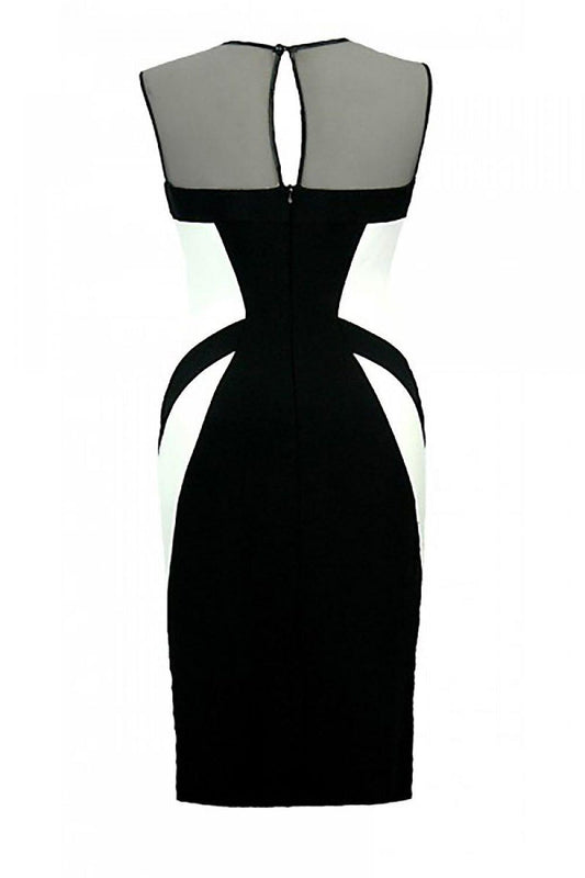 Black cocktail dress with backless V back, sleeveless sheer panels and waist cutout