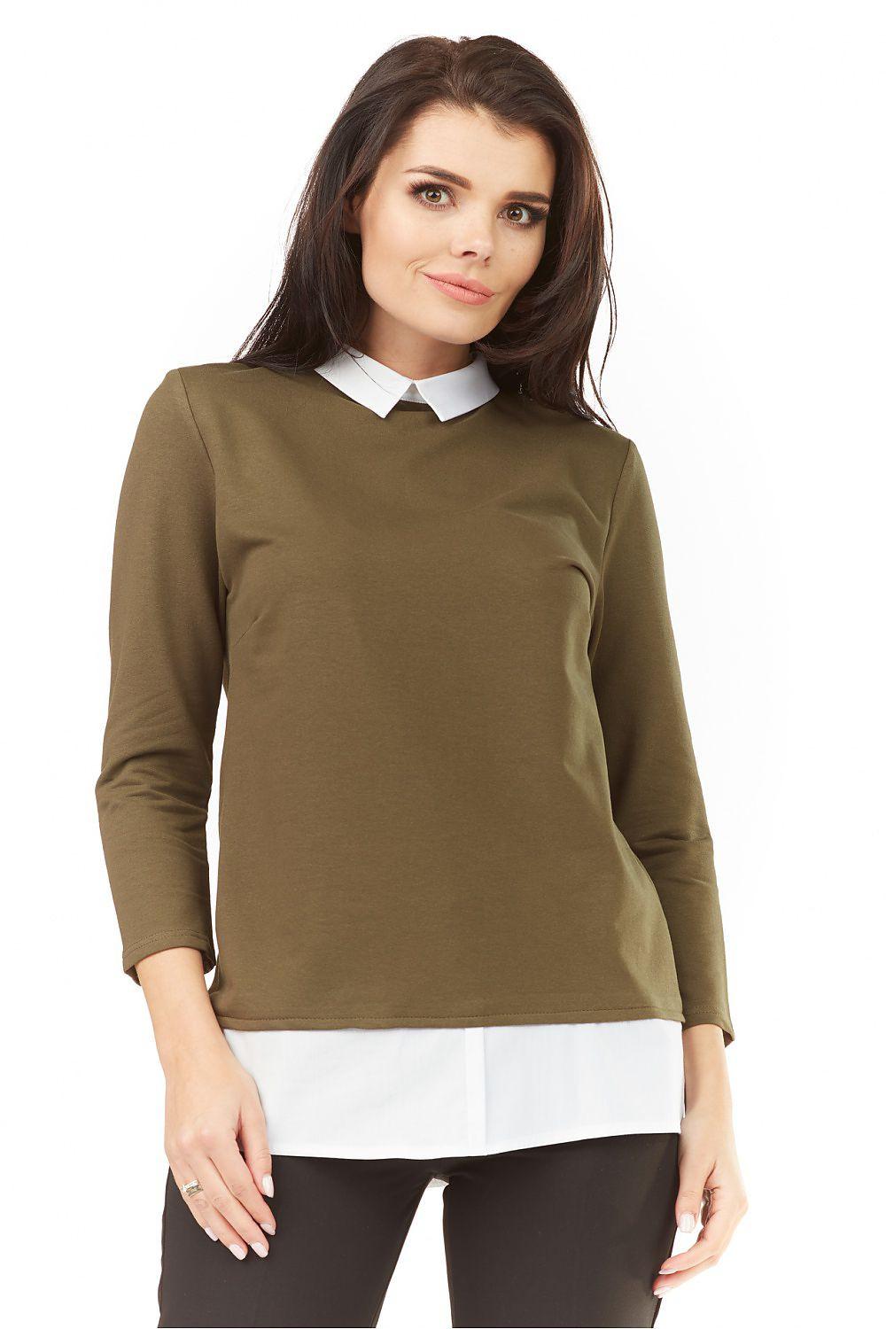 Olive green long-sleeve blouse with white pointed collar