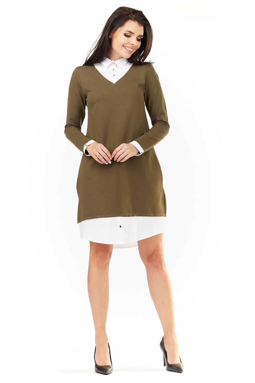 Green daydress with long sleeves, white collar, and two-tone banded hem