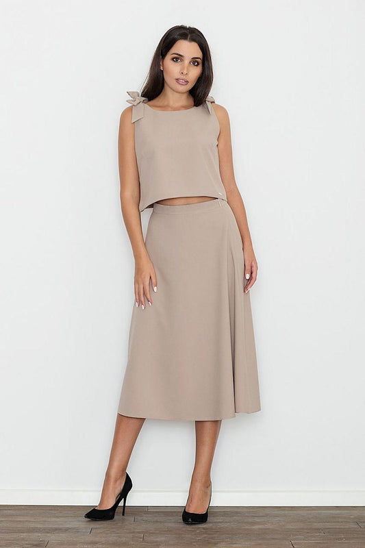 Beige sleeveless crop top and midi skirt set, full-length front view