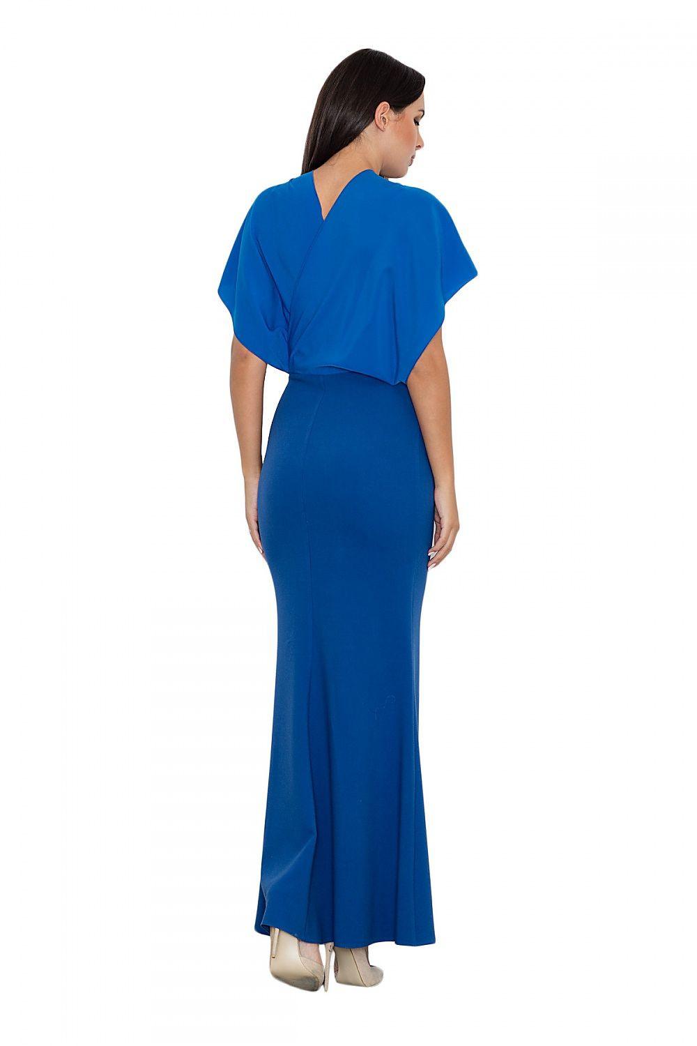 Blue long dress with V-back and short dolman sleeves, fitted through hips