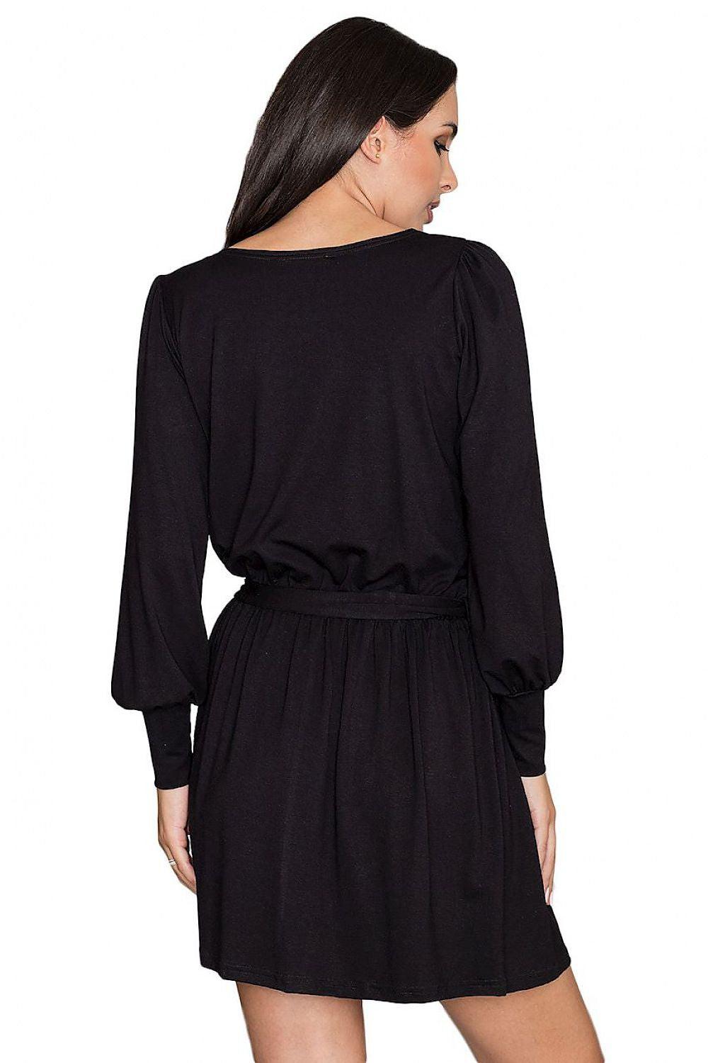Figl daydress 111038 in black, back view, long sleeves, gathered waist tie, above-knee
