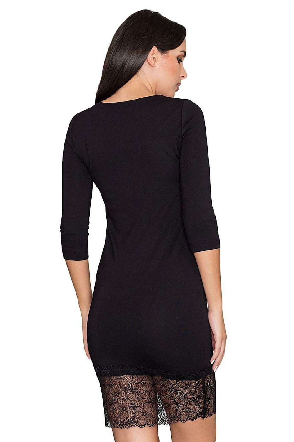 Black evening dress side back view with lace hem and 3/4 sleeves