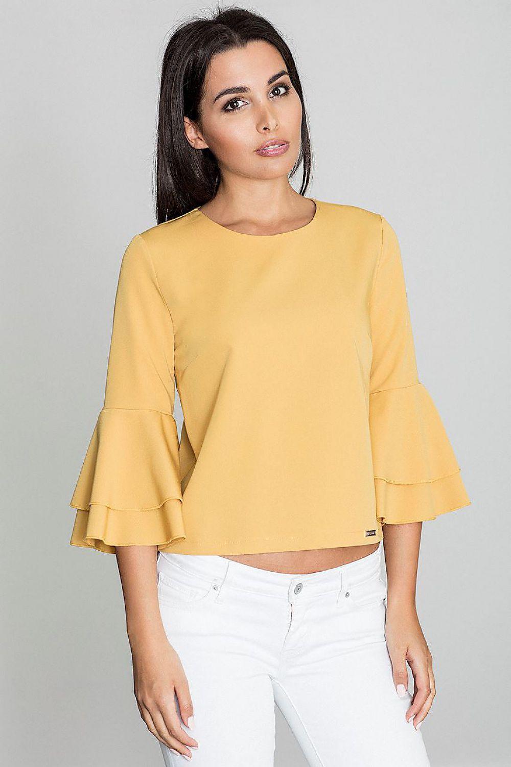 Figl yellow blouse with ruffle sleeves and round neckline
