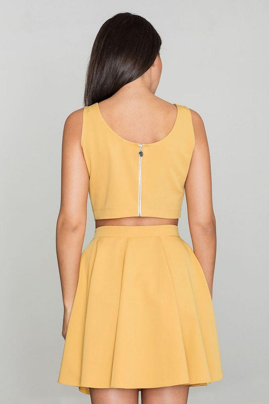 Yellow two-piece crop top and flared skirt set, back view with center zipper