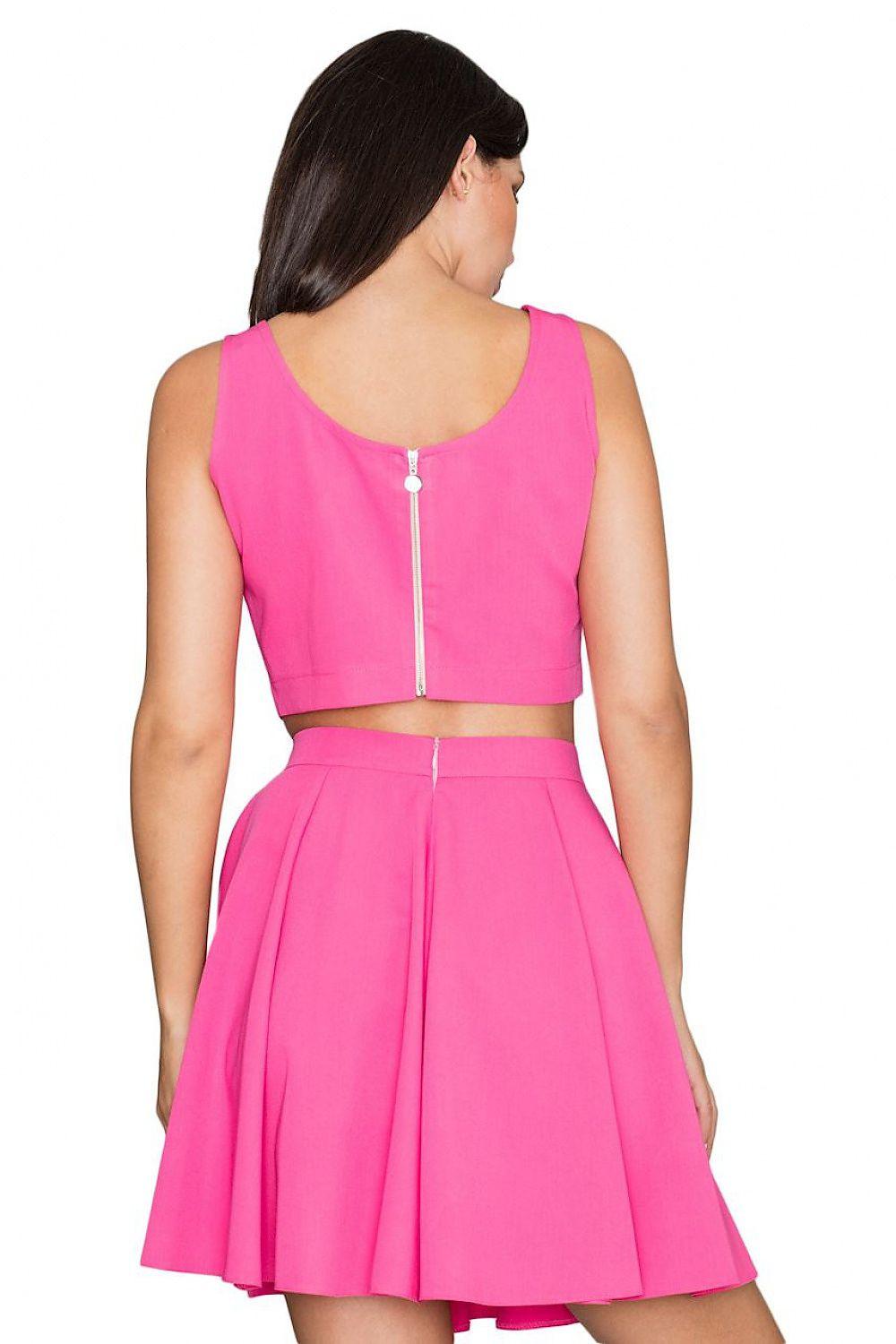 Pink sleeveless cropped top with back zipper and pleated skater skirt with waist seam