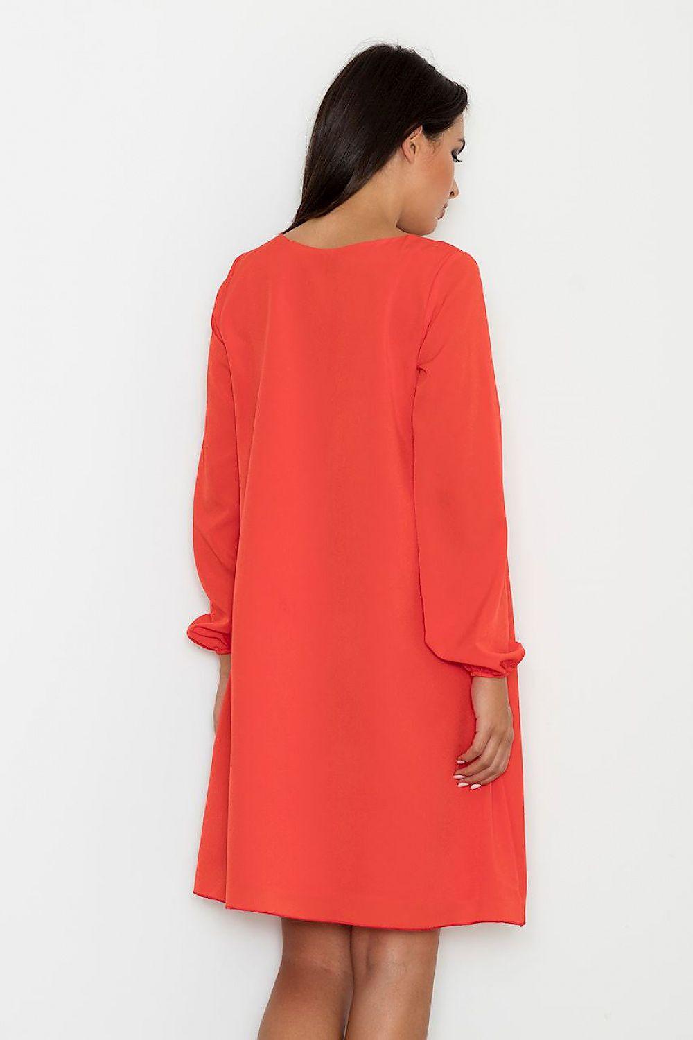 Red V-neck daydress, back view with 3/4 sleeves and A-line skirt