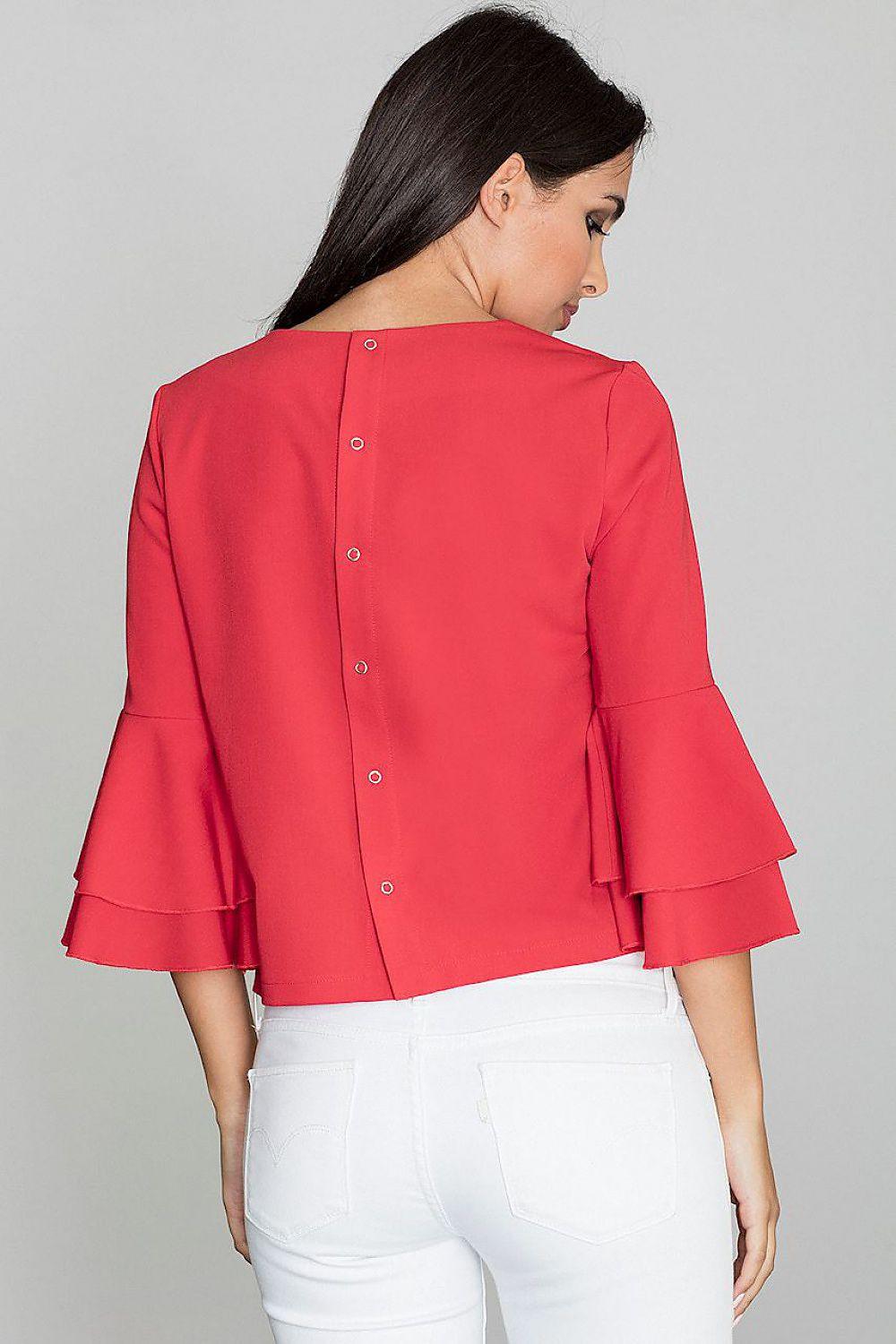 Red blouse back with vertical button placket and layered flared sleeves.