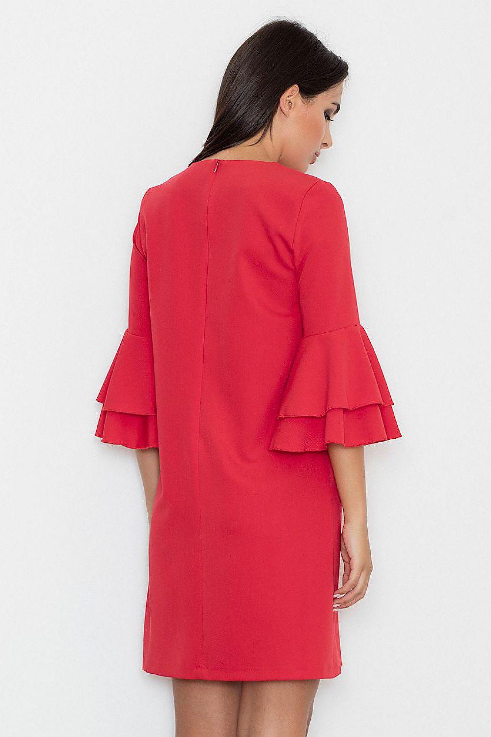Red daydress back view with round neckline and flared bell sleeves, above-knee length