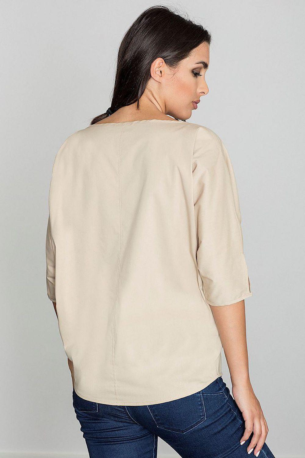 Beige blouse, back view, 3/4 sleeves with rounded hem