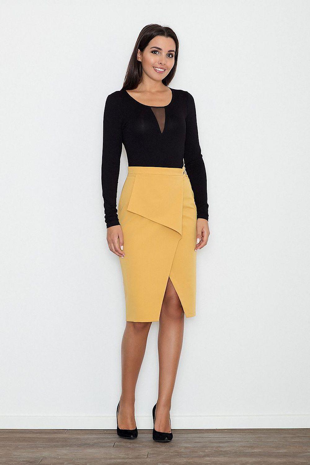 Yellow cotton skirt with front flap detail, midi length, side slit