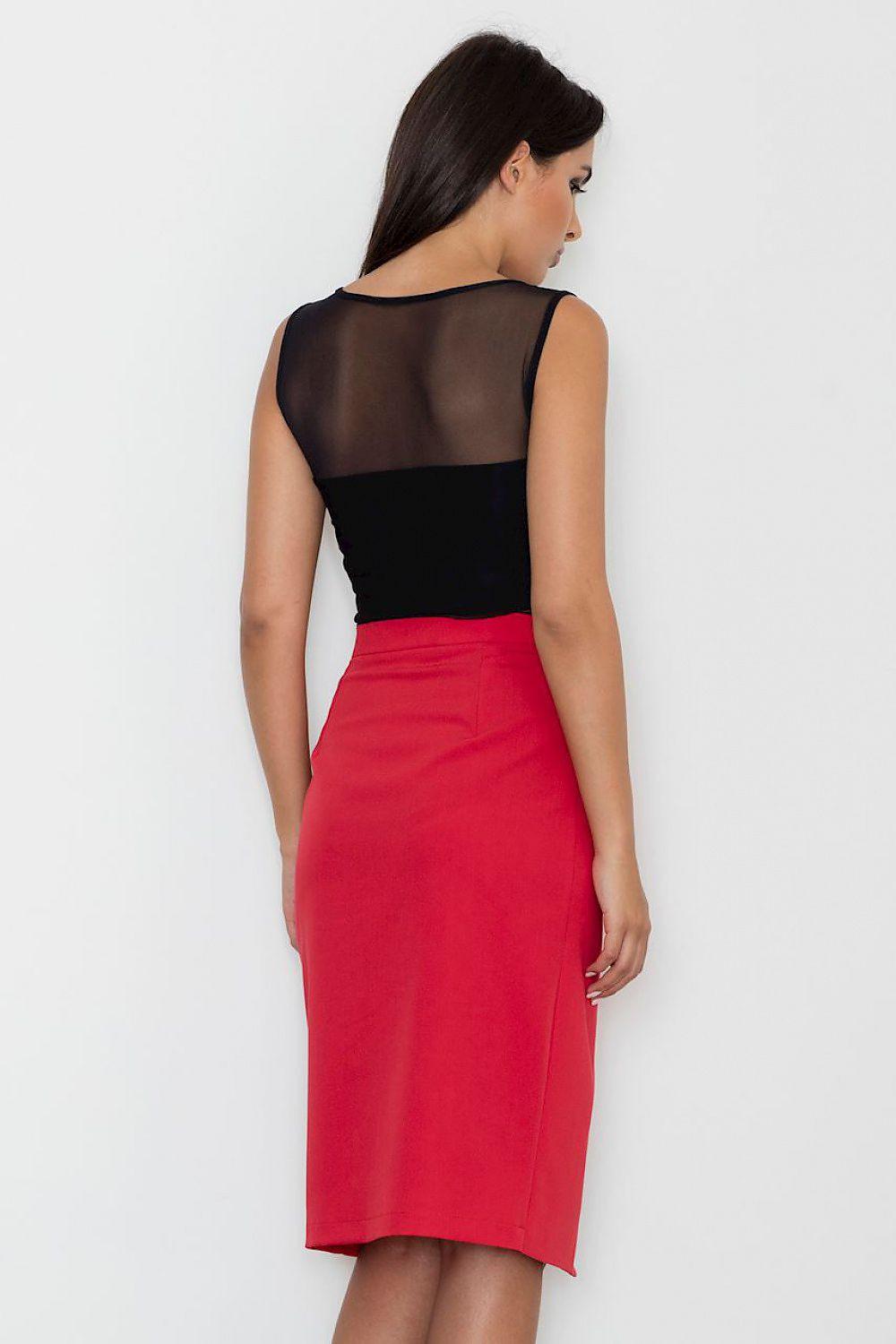 Red midi skirt, back view, fitted with center seam and straight hem.