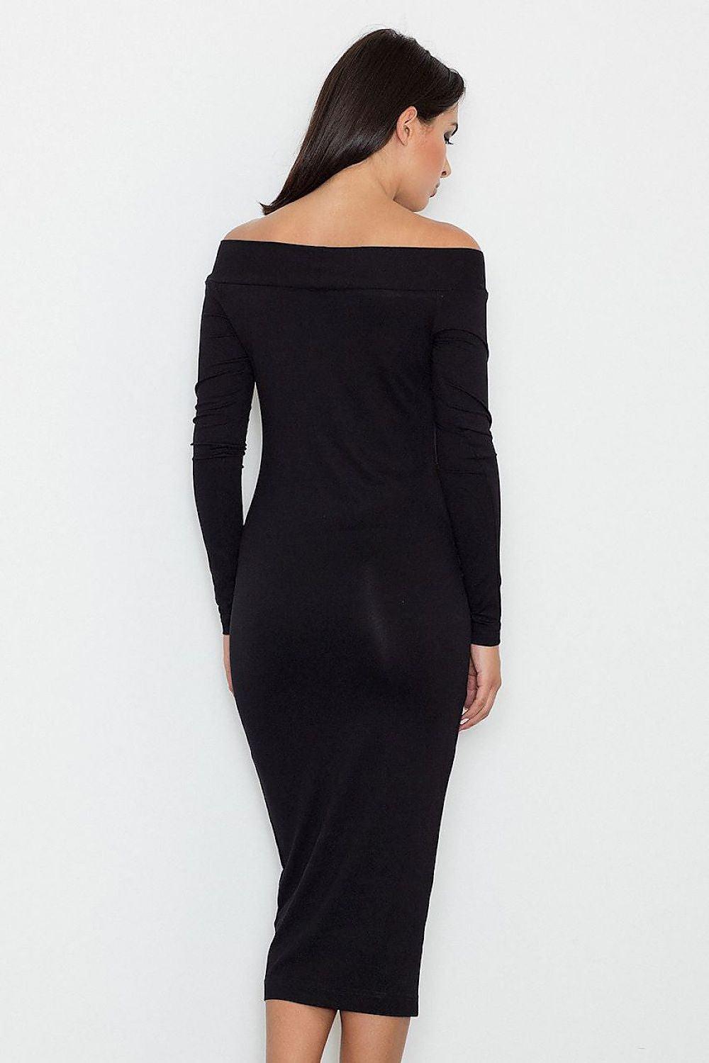 Black off-shoulder evening dress, long sleeves, back view, fitted midi sheath.
