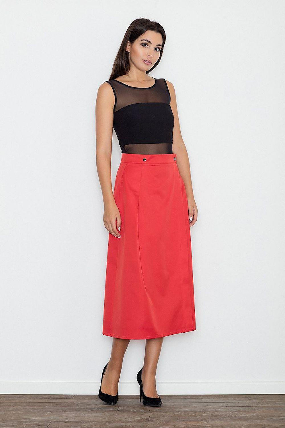 Red high-waist long skirt with front button detail, A-line fit