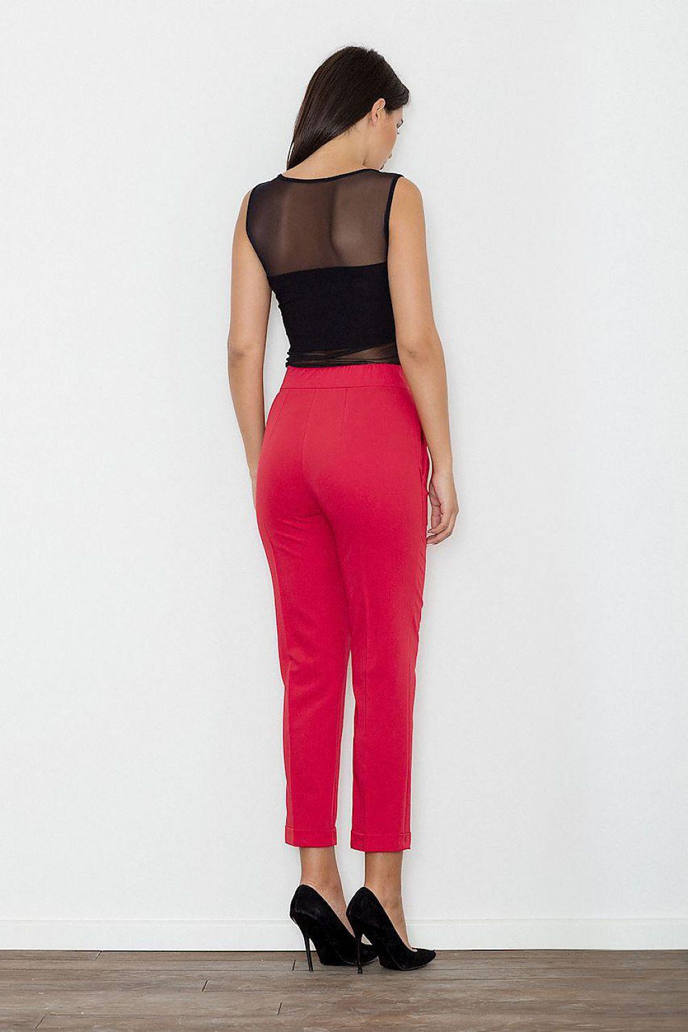 Women's trousers (back view), red, ankle-length tapered with cuffed hem