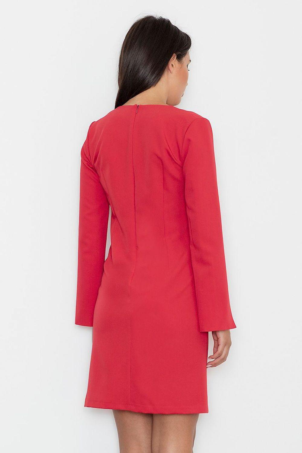 Red daydress back view with V-neck and long sleeves