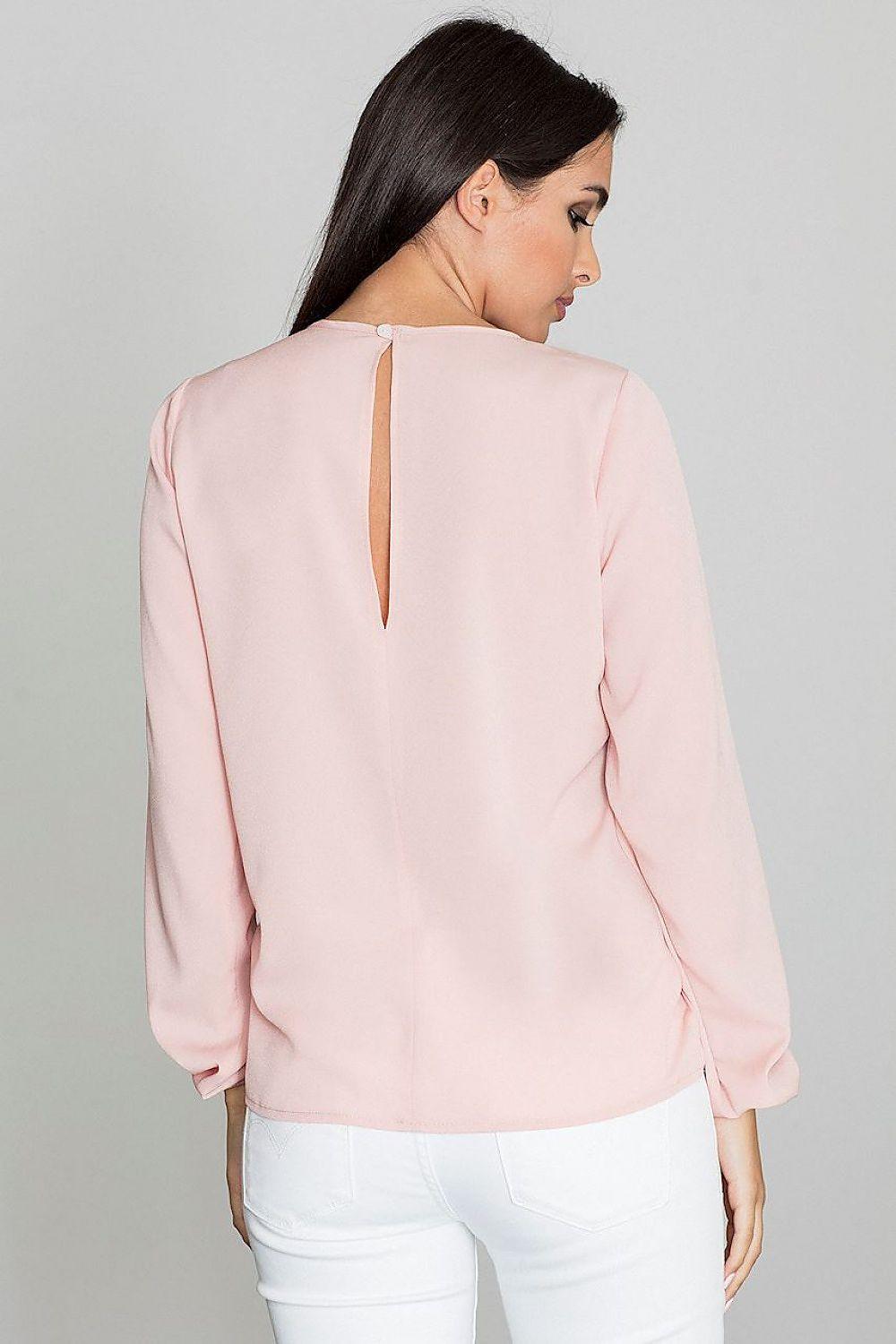Pink blouse back with center neck keyhole slit and long elastic-cuff sleeves